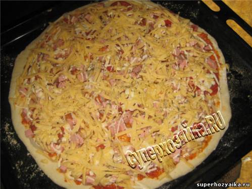  Пицца с помидорами, колбасой и сыром